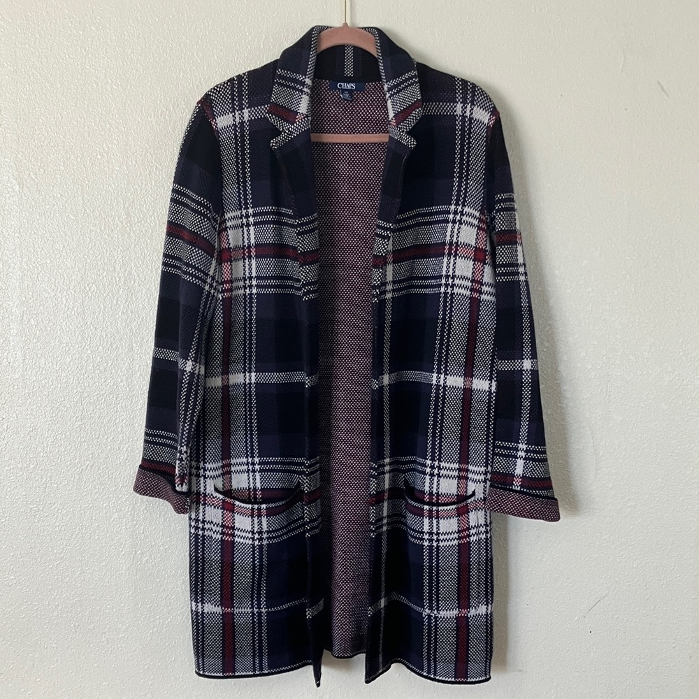 Chaps Knit Plaid Cardigan Sweater Jacket, L